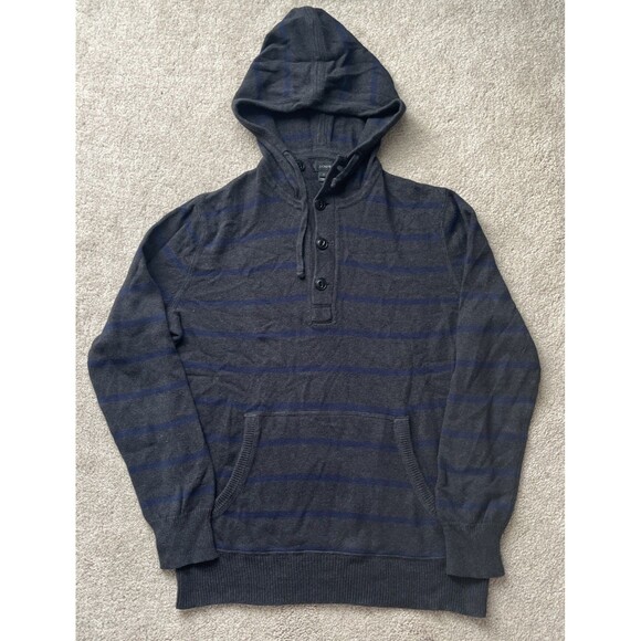 J Crew Henley Hooded Sweater Mens Small Cotton Cashmere Striped Gray Pullover - Picture 1 of 6